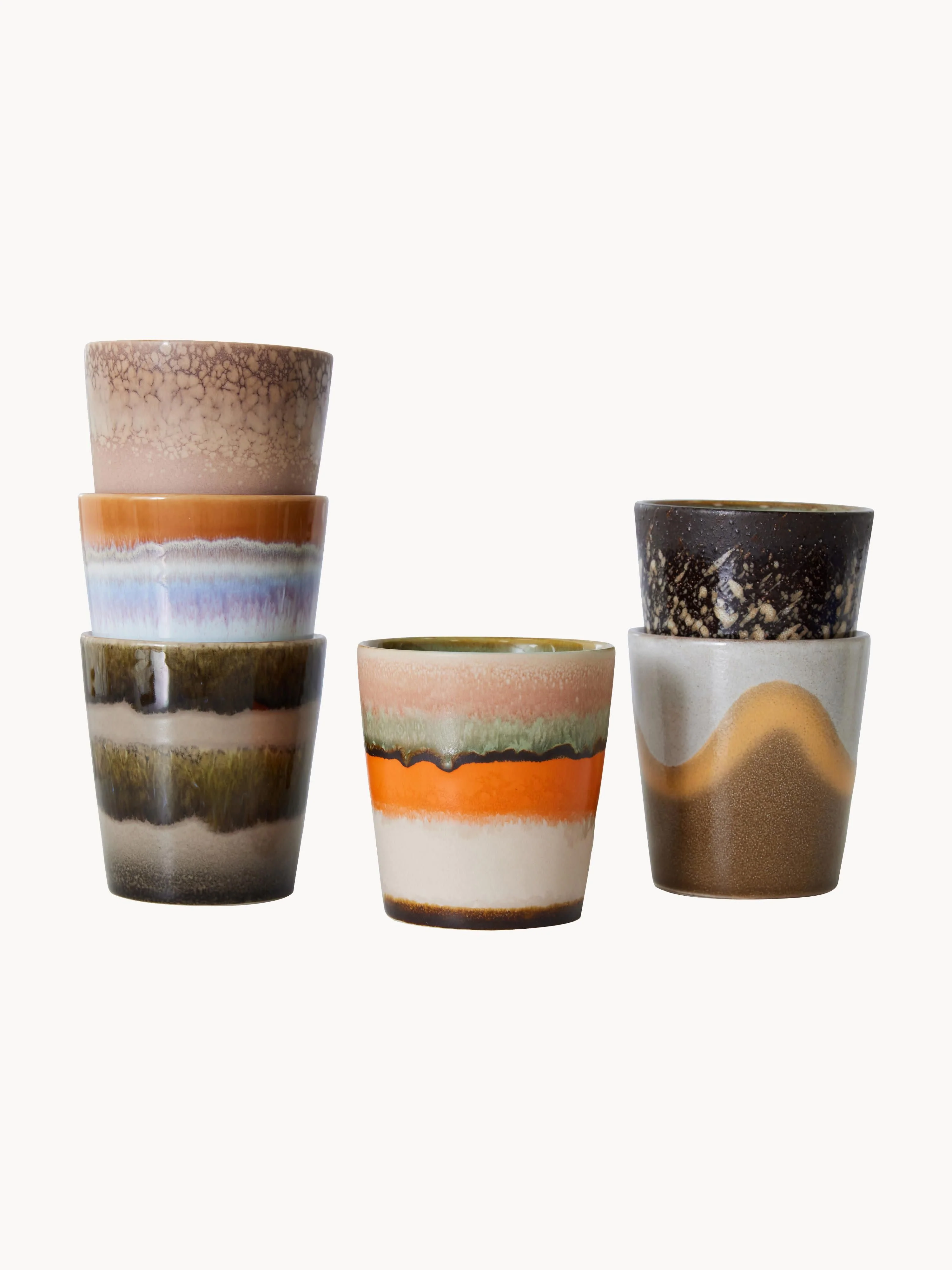 Handbeschilderde bekers 70's met reactief glazuur, set van 6