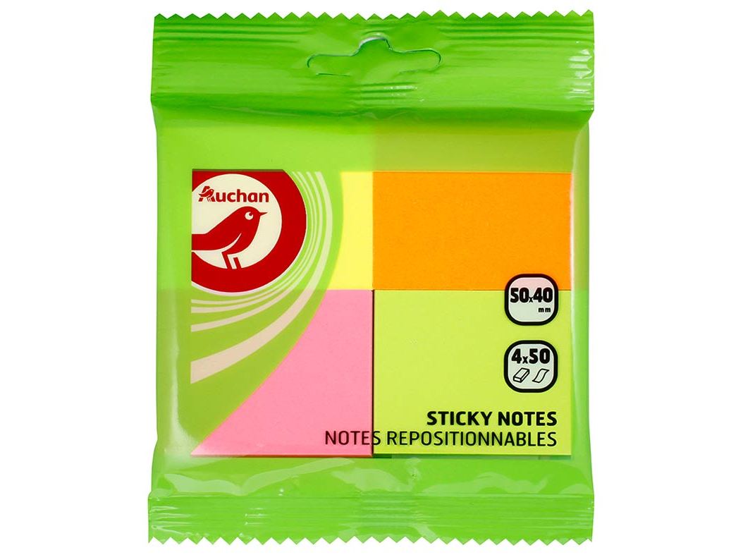 CONJUNTO DE 4 BLOCOS DE NOTAS AUCHAN ADERENTES COM 50 FOLHAS 50X40MM