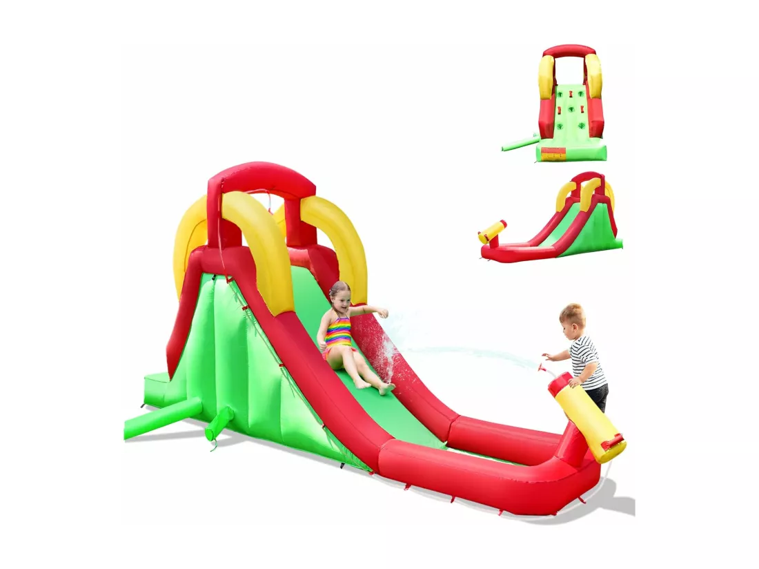 Aire de Jeu Gonflable pour Enfants avec Toboggan Aquatique Mur d'Escalade Toboggan et Pataugeoire (Souffleur non- inclus)