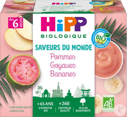 HIPP Biologique Saveurs Du Monde Pommes Goyaves Bananes Dès 6 Mois Coupelles 4x100g