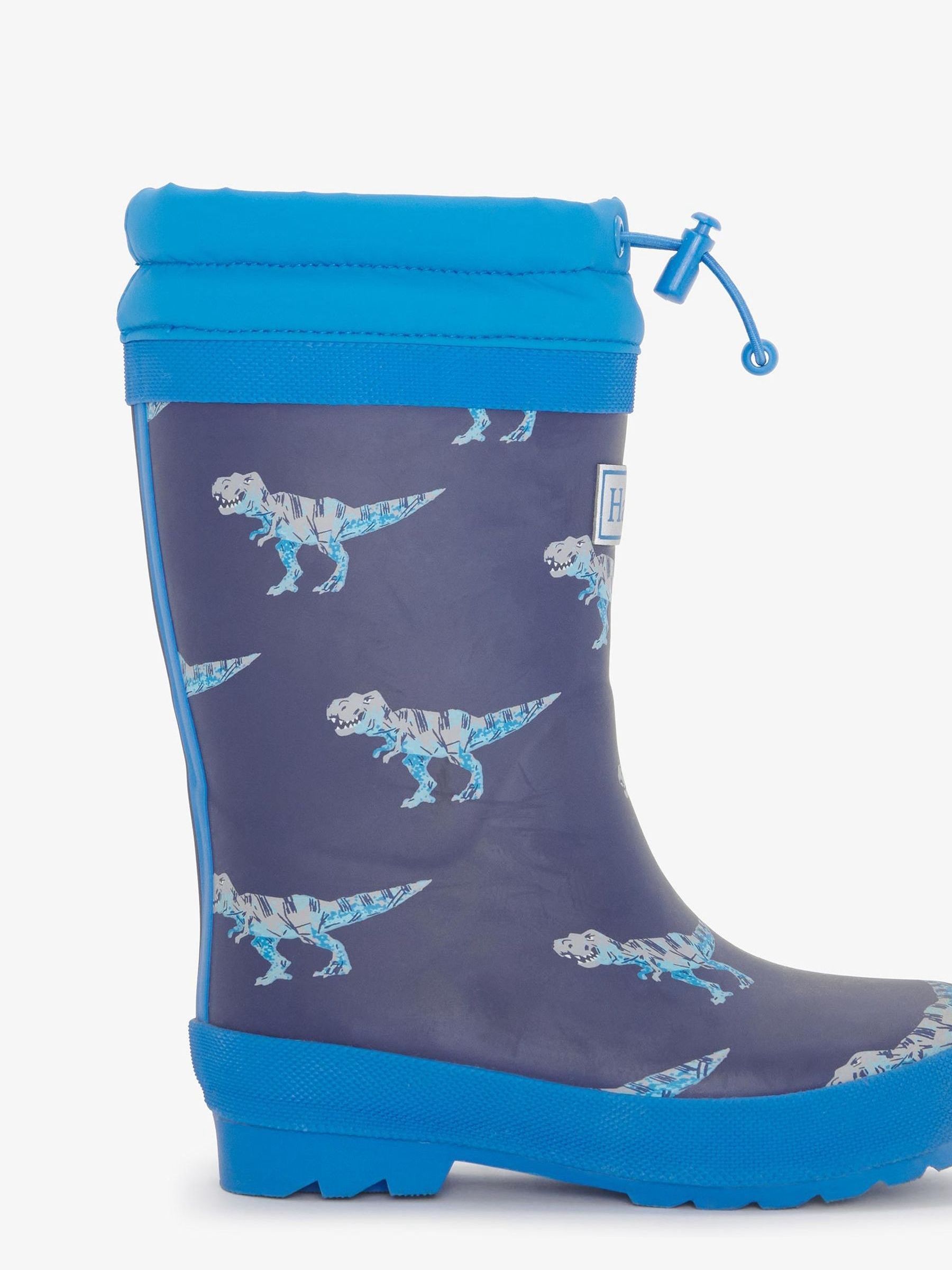 Hatley blauwe T-Rex dinosaurus aanval met sherpa gevoerde waterdichte regenlaarzen