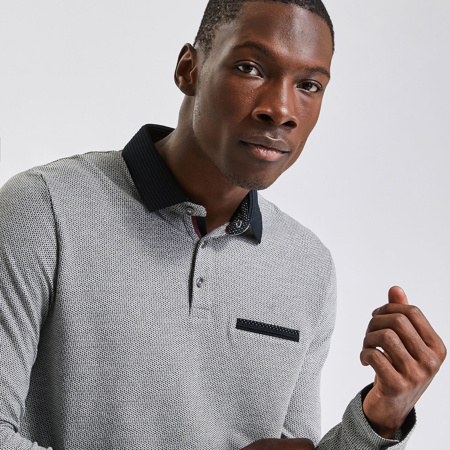 Polo manches longues jacquard à col fantaisie Gris moyen