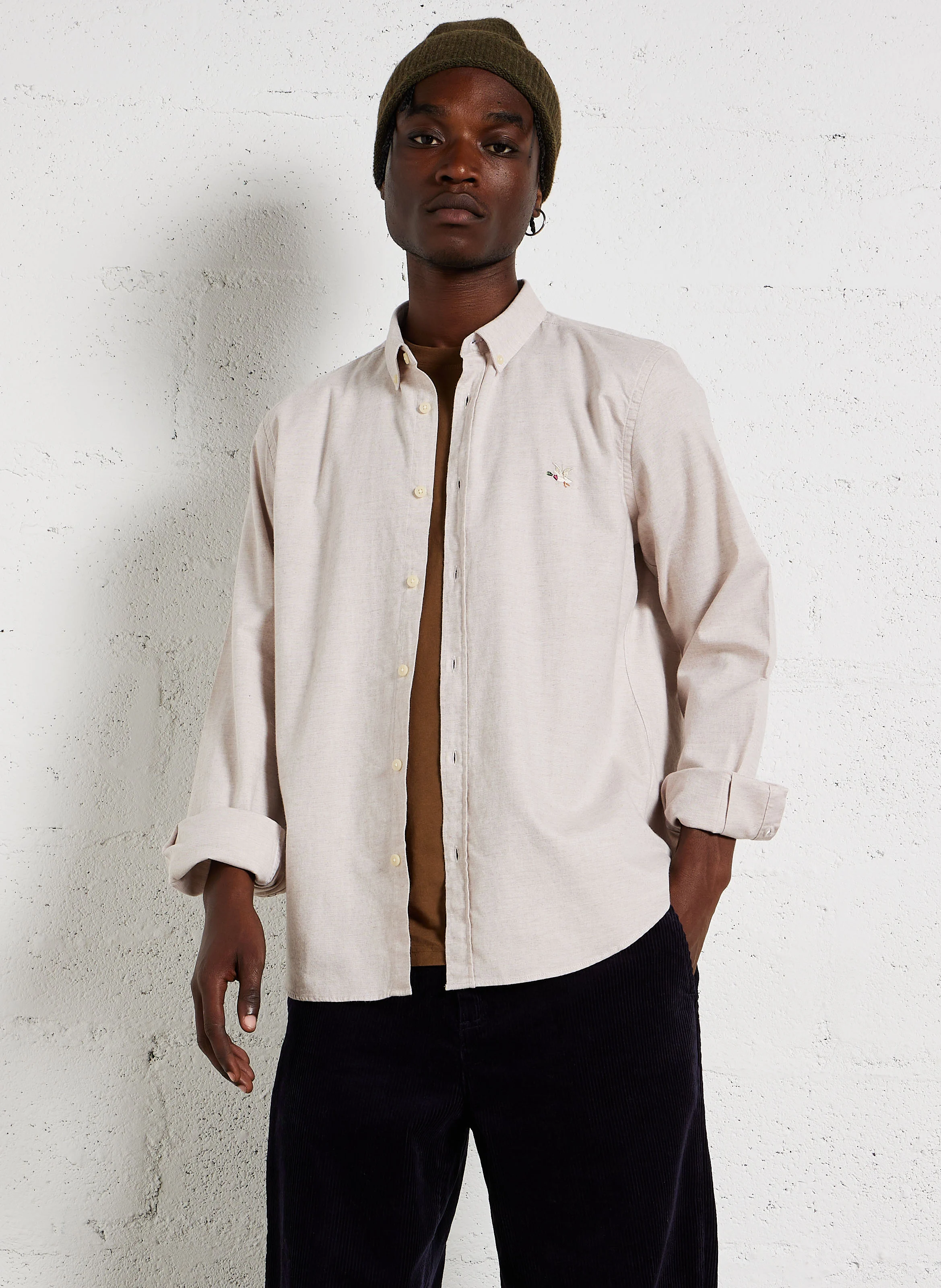 PARIS - Chemise droite col classique en coton mélangé| Beige