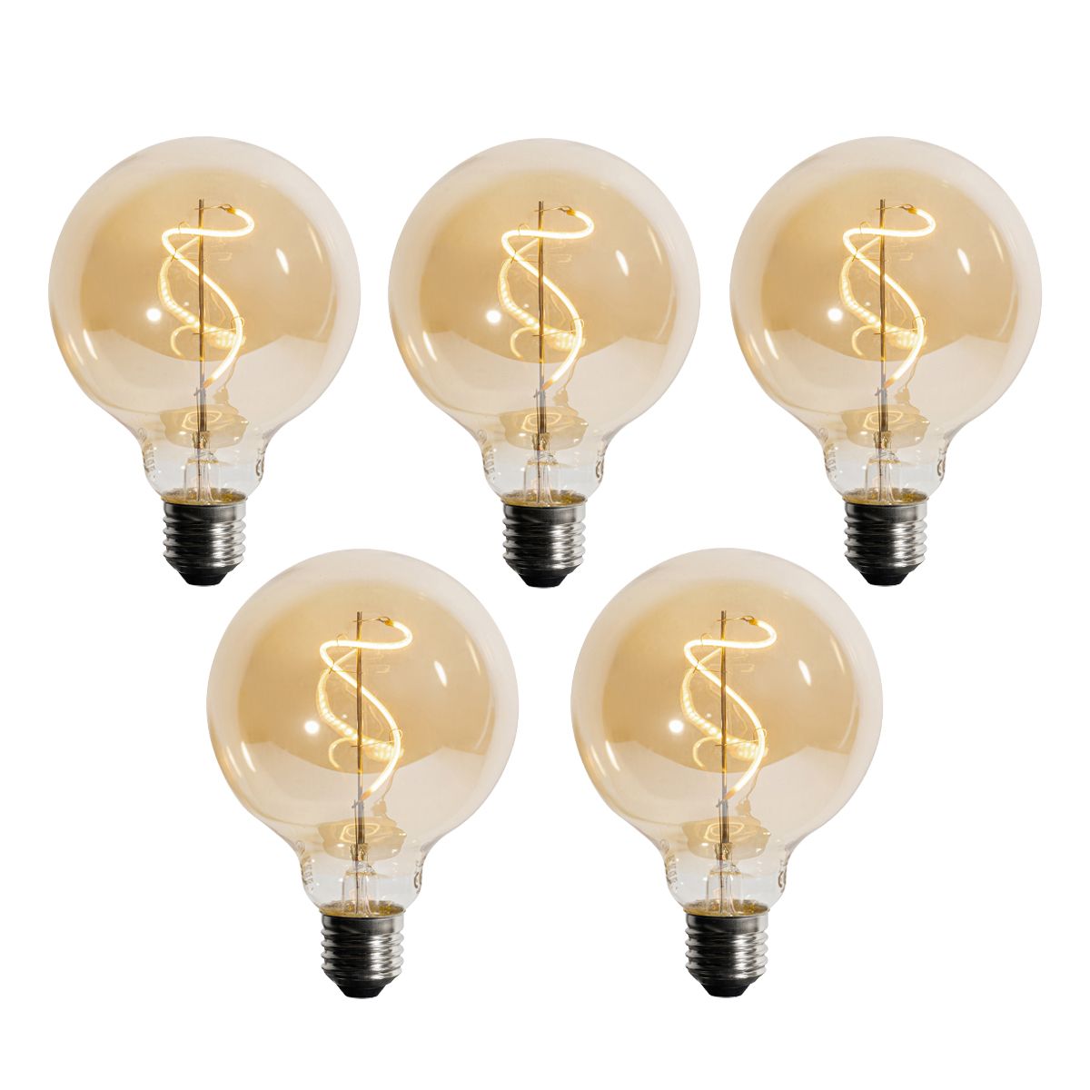 Set van 5 E27 dimbare LED spiraal filament G95 4W 270 lm 2200K