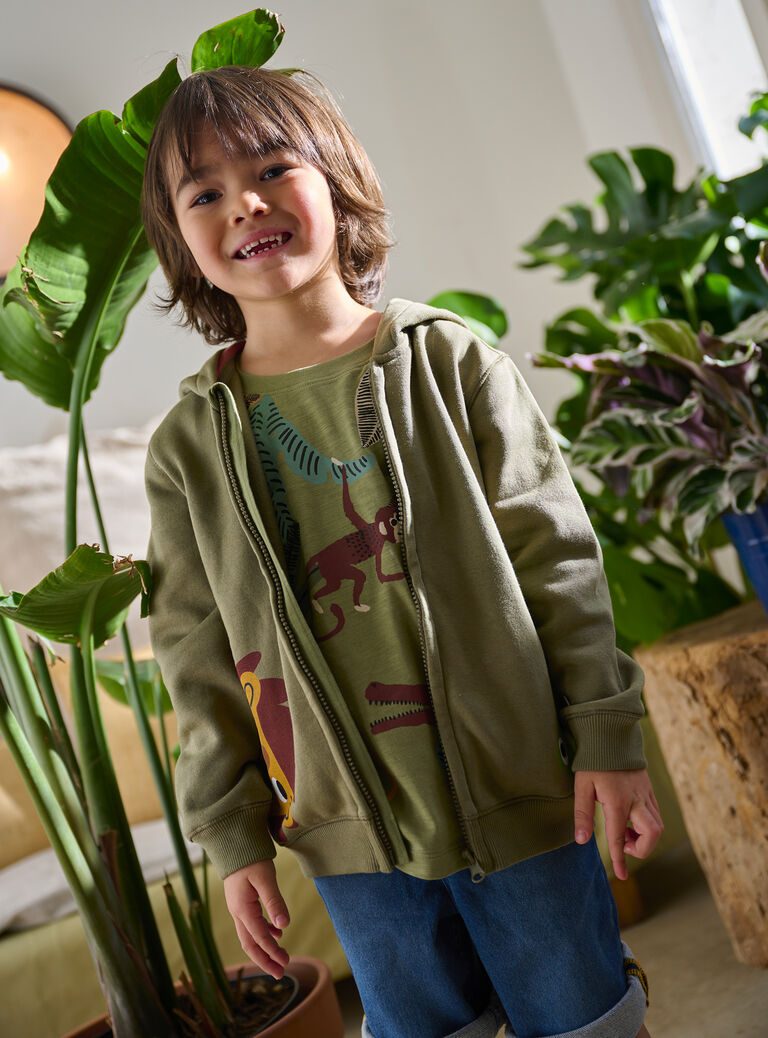 Gilet kaki à capuche animation jungle pour garçon