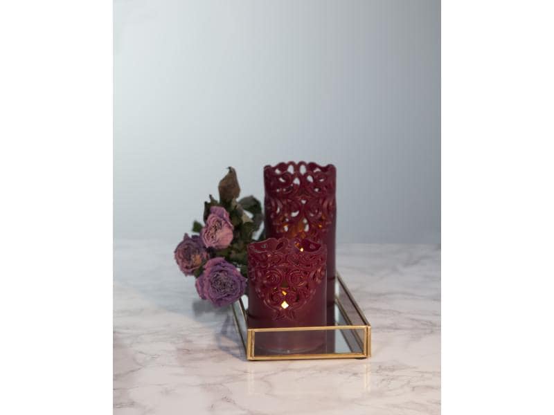 Star Trading LED-Kerze Pillar Clary Ø 8 x 15 cm, Rot LED-Wachskerze mit Ornamenten
