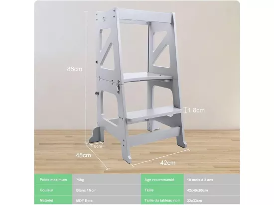 Chaise Haute Bébé 2 en 1,Tour d'apprentissage Pliable en Bois avec Tableau Magnétique Double-Face,Transformable Table et Chaise,Gris
