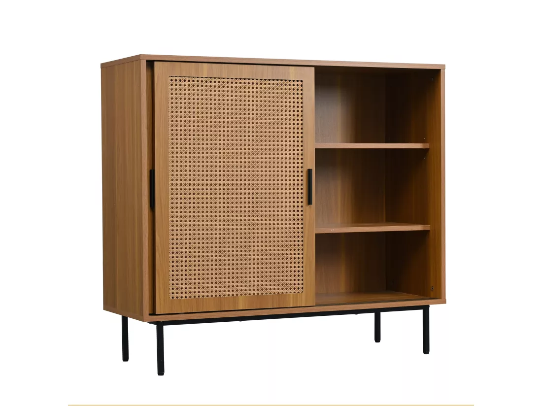 URBAN MEUBLE Buffet effet bois 2 portes coulissantes en rotin L100/H90/P37cm
