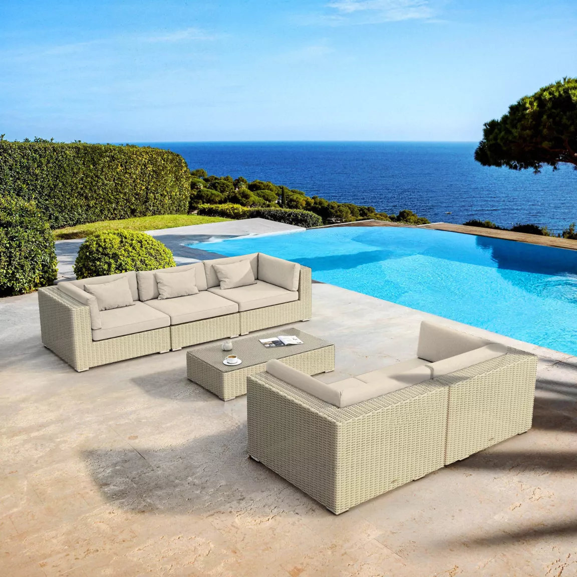 Salon de jardin en résine tressée 5 places 6 pcs Palma Gris et beige