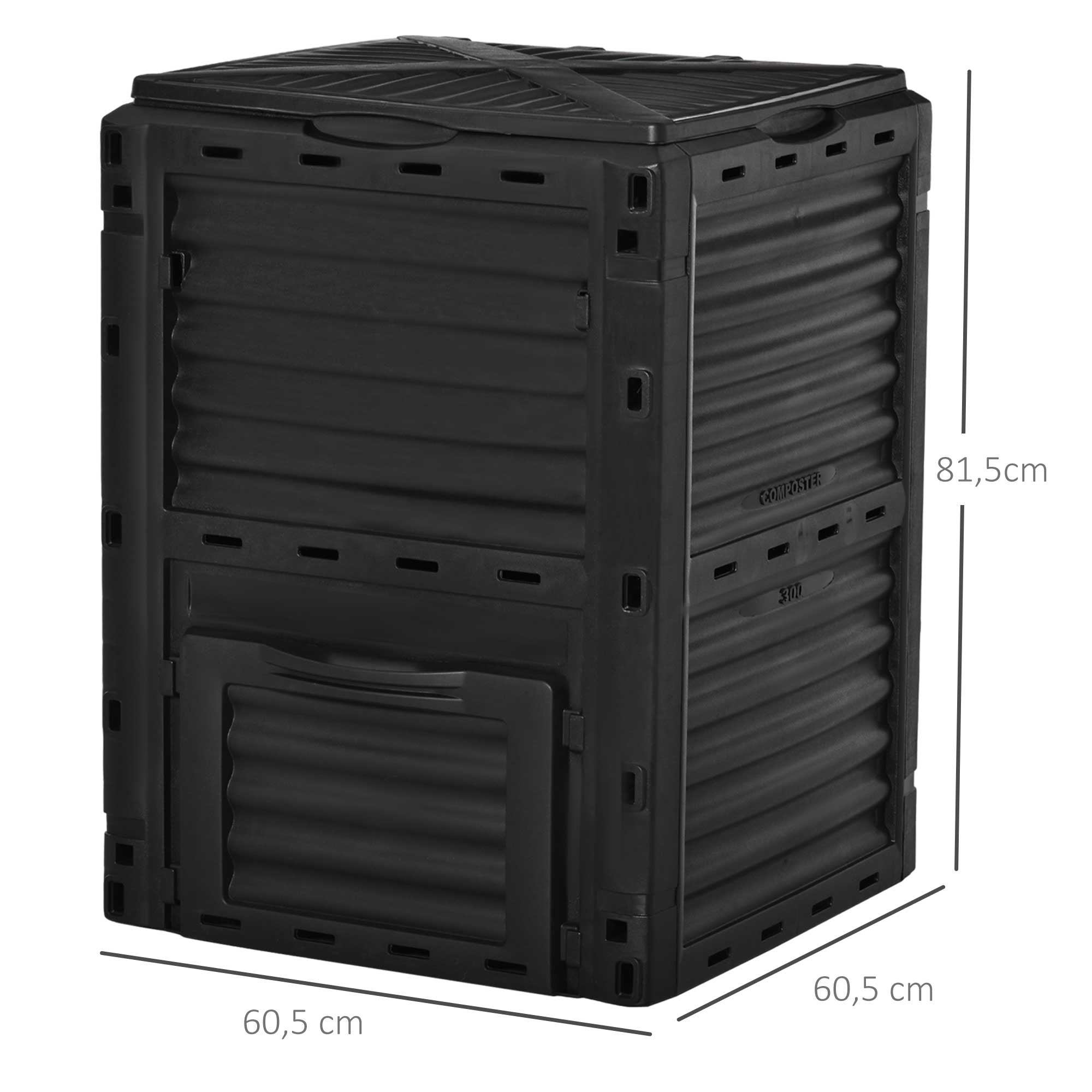 Compostor Outsunny com capacidade de 300 litros, compostor orgânico para produção de fertilizantes em jardins externos, com 48 aberturas de ventilação, 60,5 x 60,5 x 81,5 cm, preto.