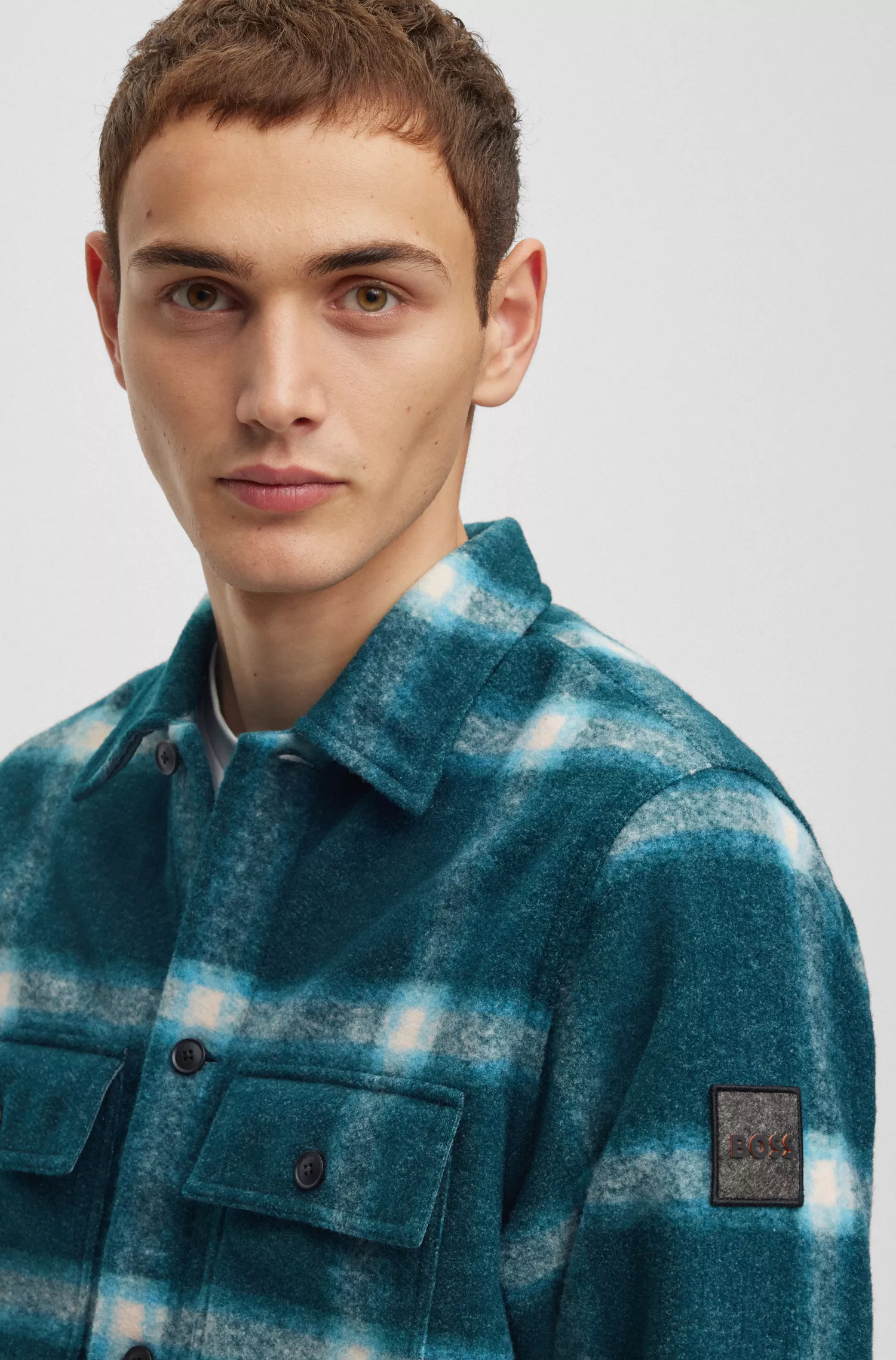 Sobretudo BOSS laranja de modelagem oversized em tecido bouclé xadrez.
