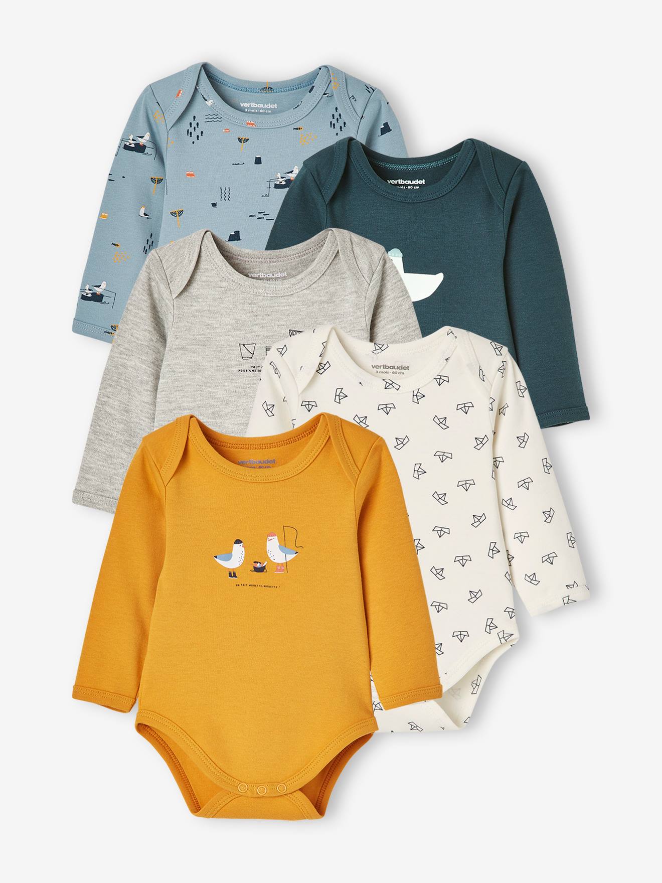 Lote de 5 bodies de manga comprida com cavas americanas, para bebê, amarelo escuro, bicolor/multicolorido