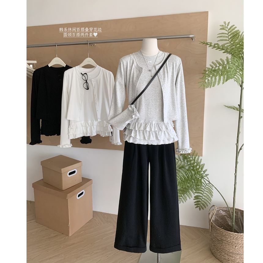Dute - Set: Effen cami-top met ruches + vest met ronde hals