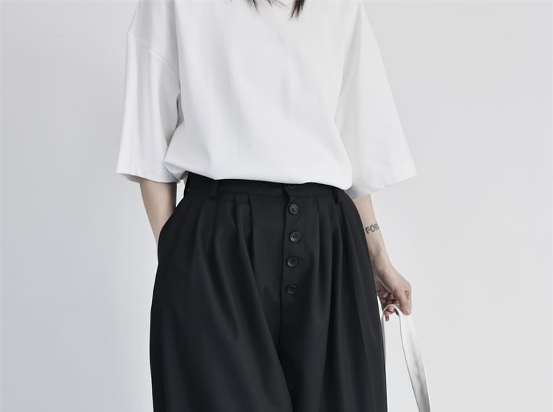 SIMPLE BLACK - Hoge taille effen wijde broek