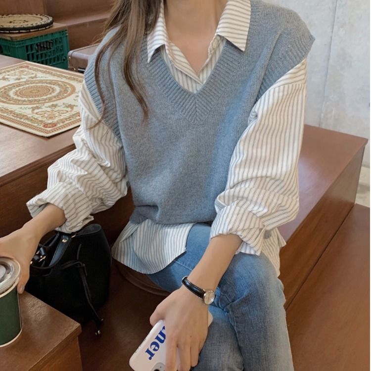 Brigitte - Gestreept shirt / V-hals trui vest