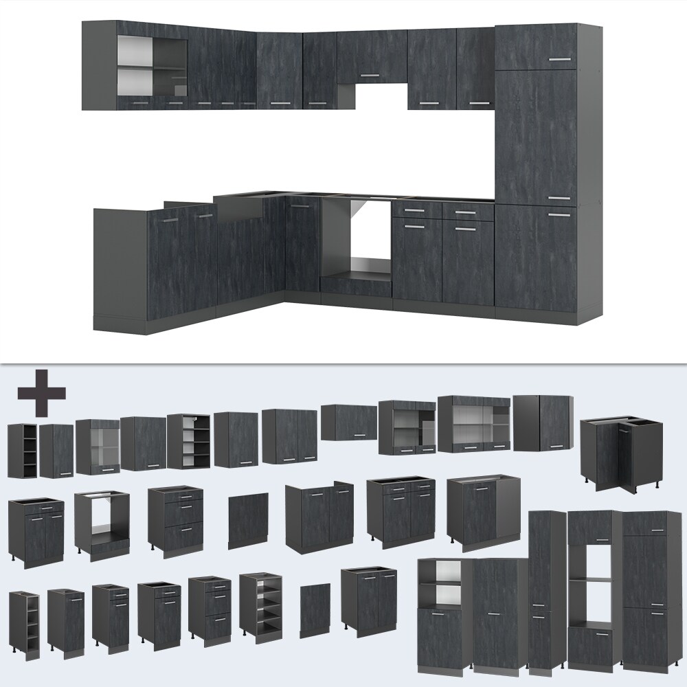 Vicco Eckküche R-Line 287x227 cm Schwarz Beton Anthrazit ohne Arbeitsplatte