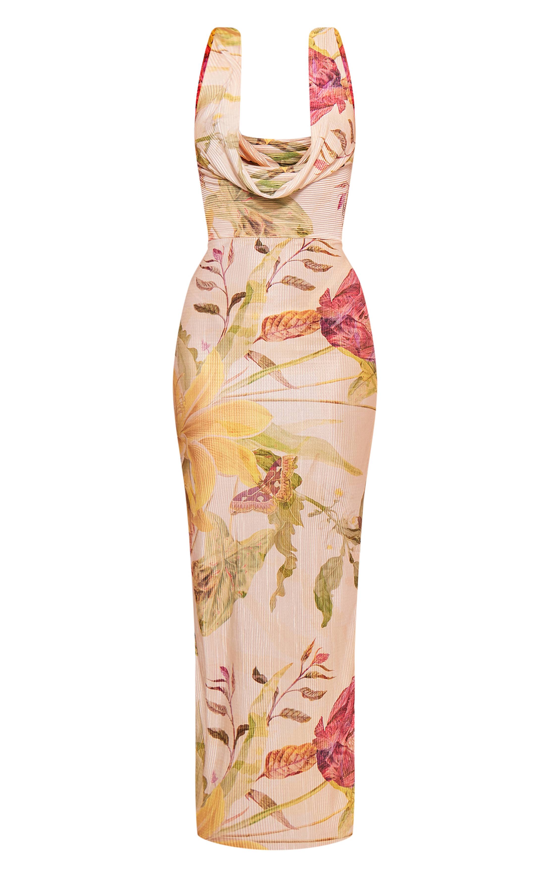 Crème Robe Maxi Plissée À Imprimé Floral Avec Col Bénitier Et Décolleté Plongeant