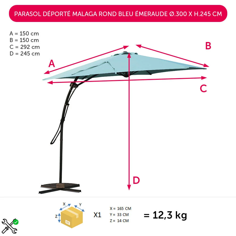 Parasol déporté Malaga rond bleu émeraude Ø.300 x H.245 cm