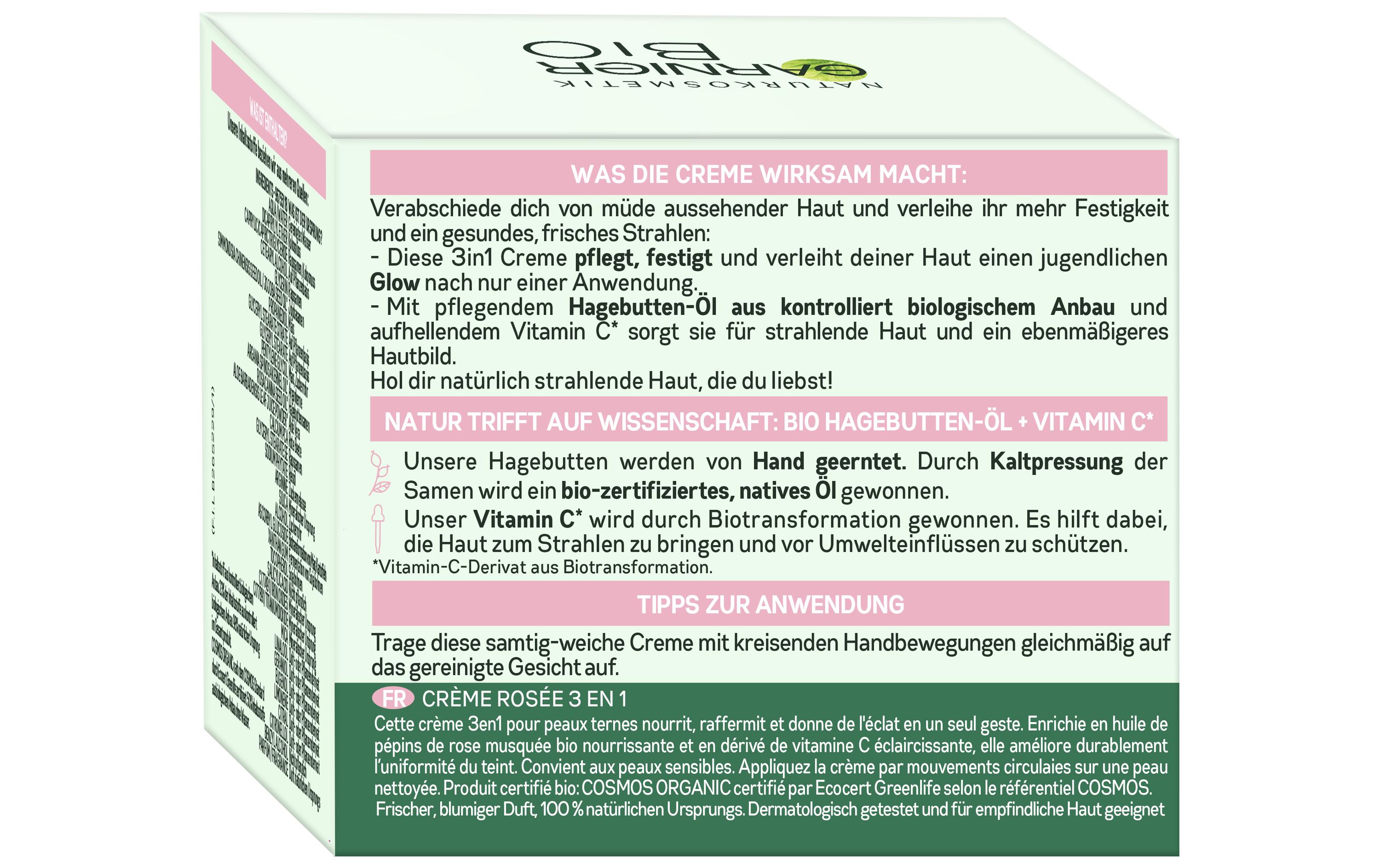 Gesichtscrème 3in1 Rosy Glow 50 mlGesichtscrème mit nährendem Vitamin C für mehr Festigkeit und Elastizität