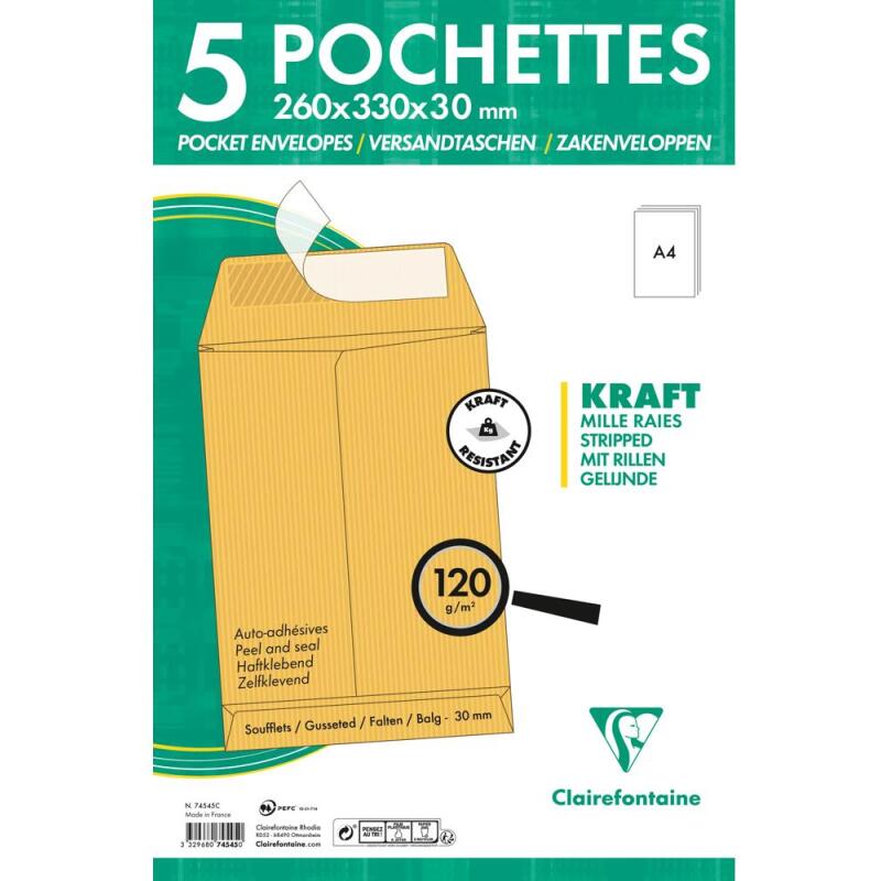 Paquet de 5 Pochettes Kraft Brun E4-260x400 mm avec Soufflet de 30 mm - Auto-Adhésives - 120g/m2 - Brun