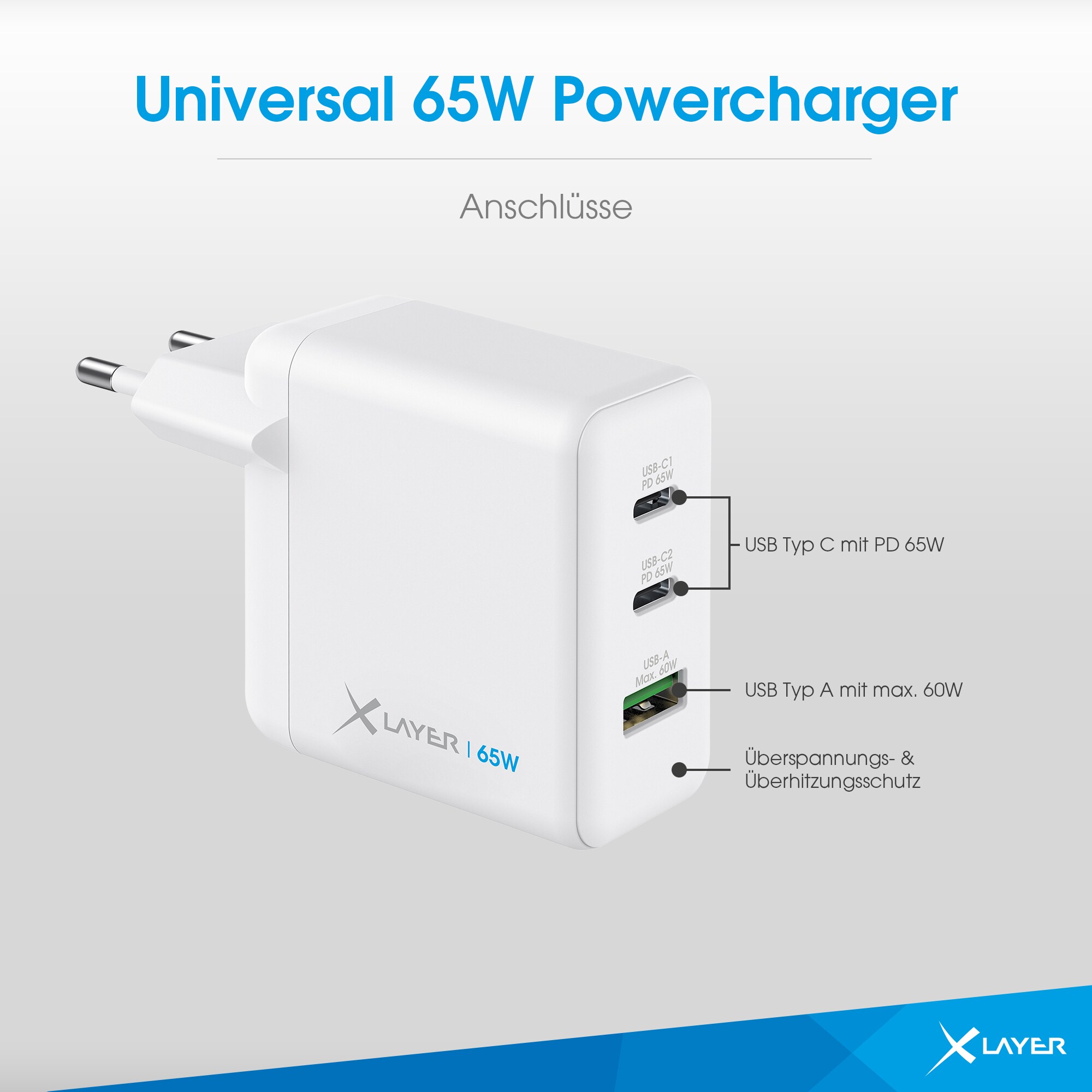 Xlayer Powercharger USB-C Schnellladegerät I 65W PD I GaN Charger I 3-Port