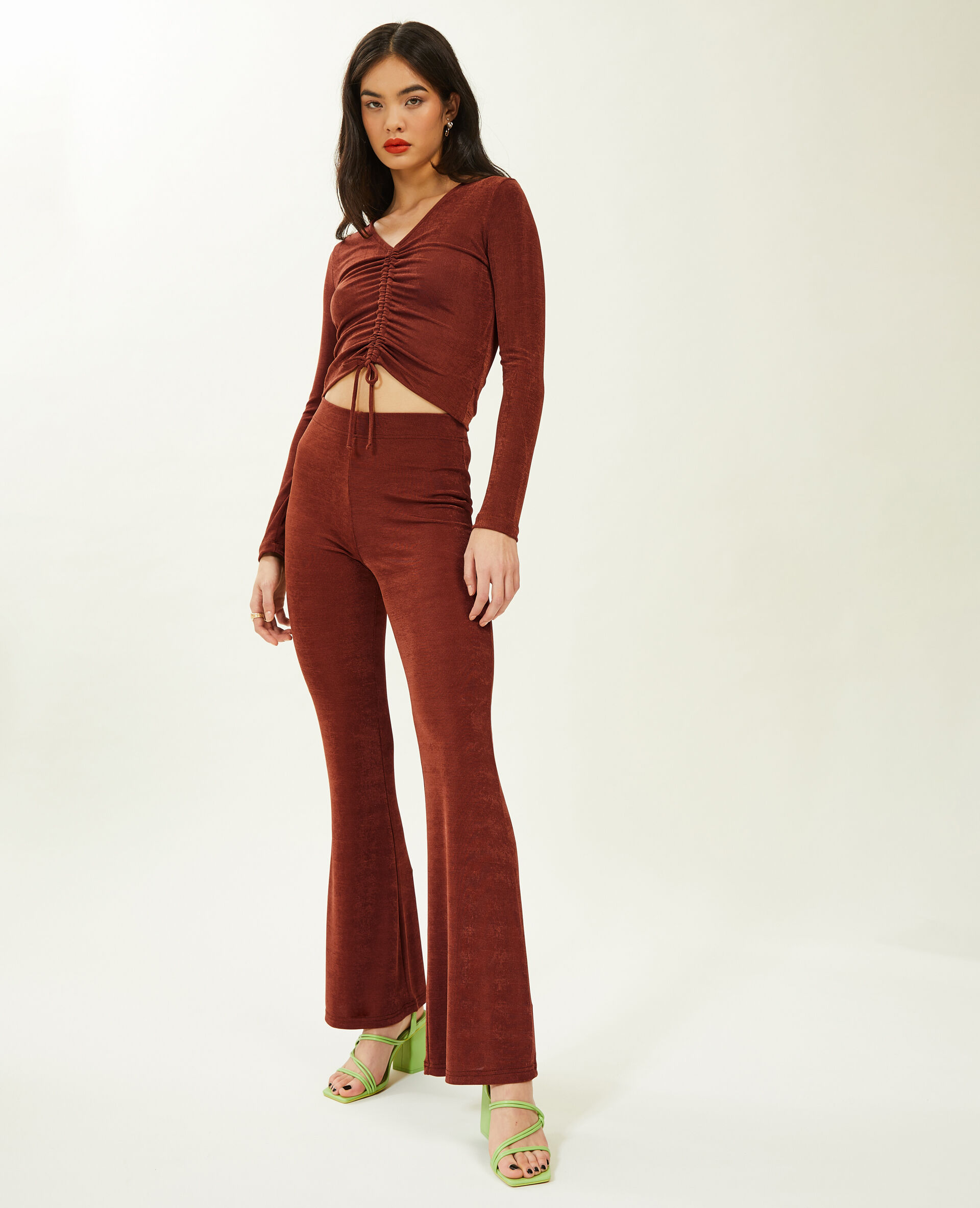 Pantalon flare en tissu fluide - Marron