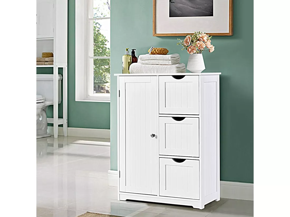 Meuble de Salle de Bain avec 3 Tiroirs, 1 Placard, Rangement Salle de Bain Étagère Réglable pour Salon, Chambre, Entrée, 58x28x81cm(3 Tiroirs - Blanc)