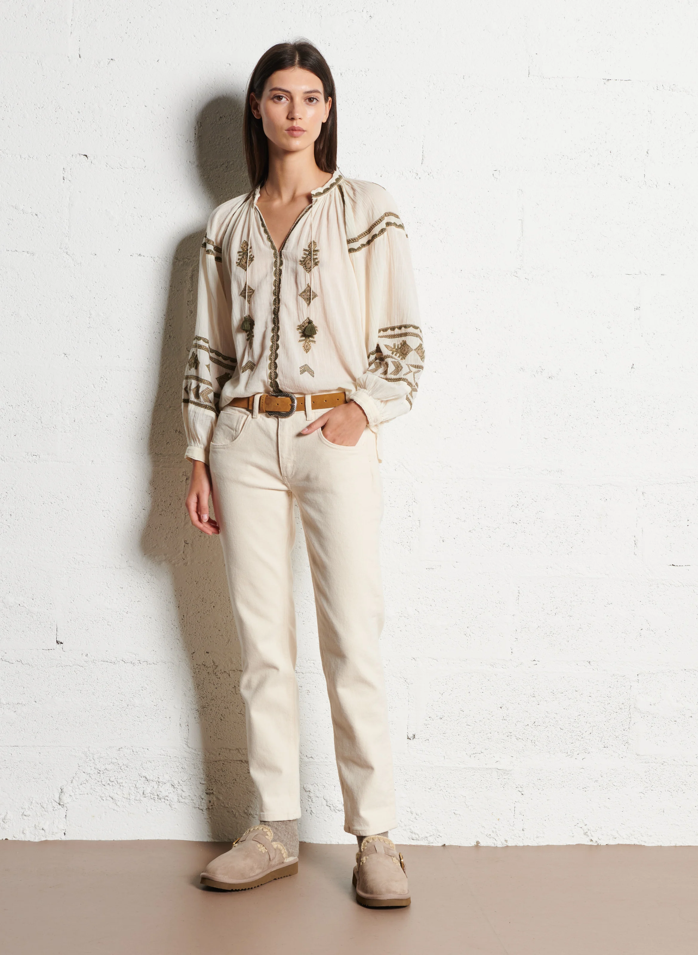 NINA - Jean slim taille basse en coton mélangé | Beige
