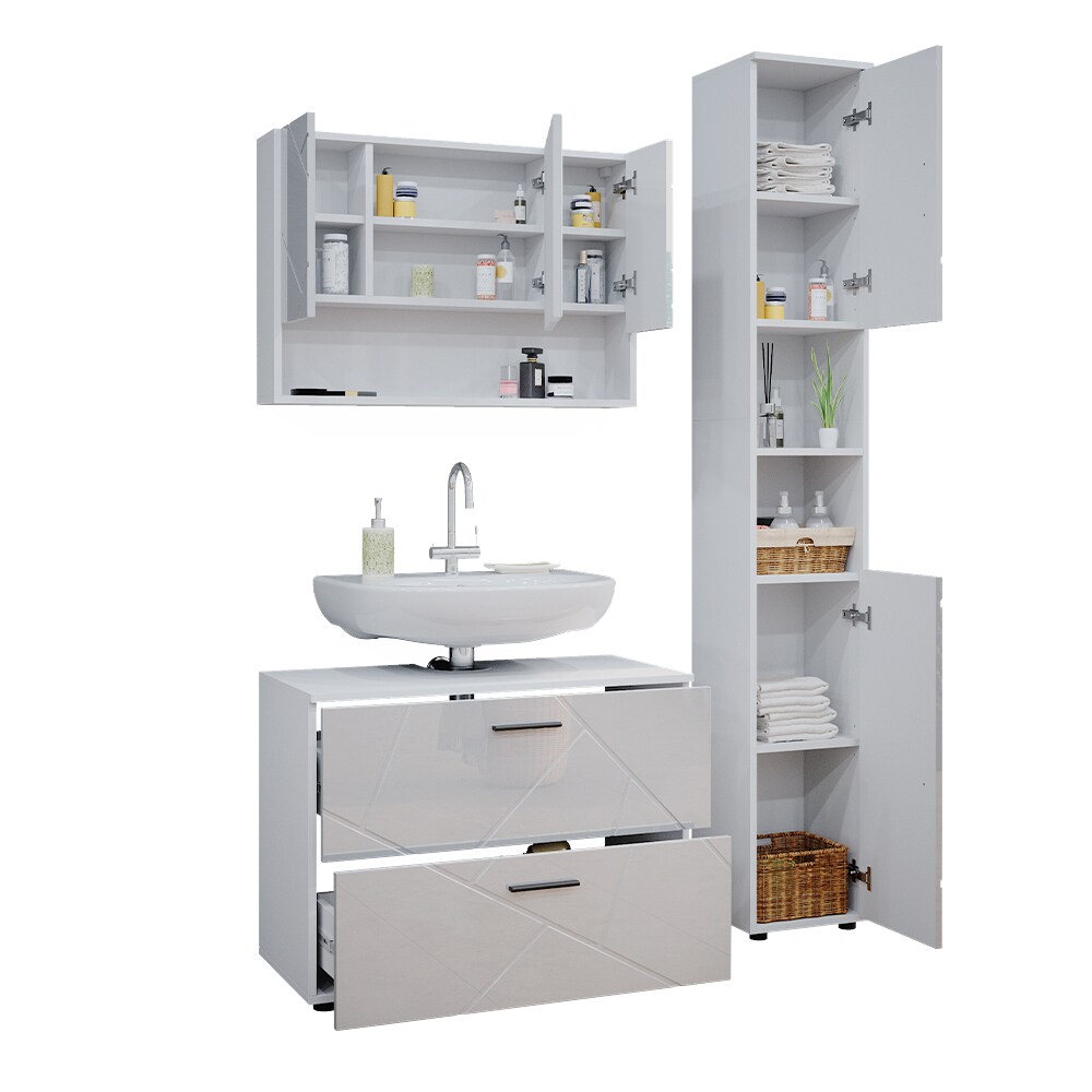 Vicco Badmöbelset Irma Weiß Hochglanz modern 80 cm 30 cm Badezimmerschrank Badschrank Badezimmermöbel Waschtischunterschrank Spiegelschrank Hochschrank Schranktür Schrankfach Schrankschublade