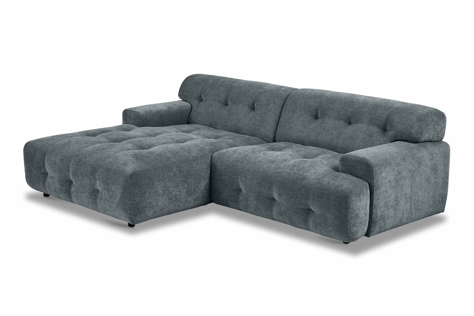 Bob sofa 1,5-seter med sjeselong venstre. Tekstil City 72 Blue Grey med sorte ben.