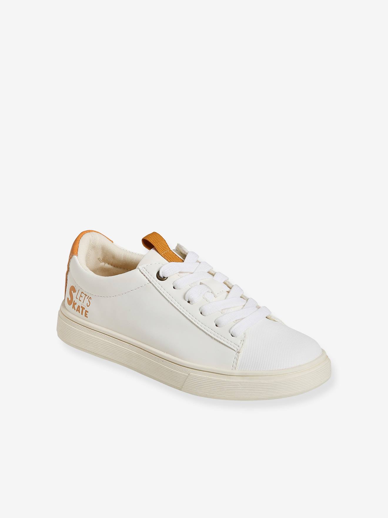 Tênis de amarrar com zíper, modelo infantil branco claro com estampas.
