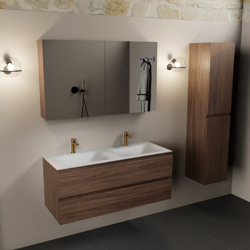 Mondiaz Aivy badmeubel 120cm mocha met wastafel solid surface talc dubbel 2 kraangaten en spiegelkast