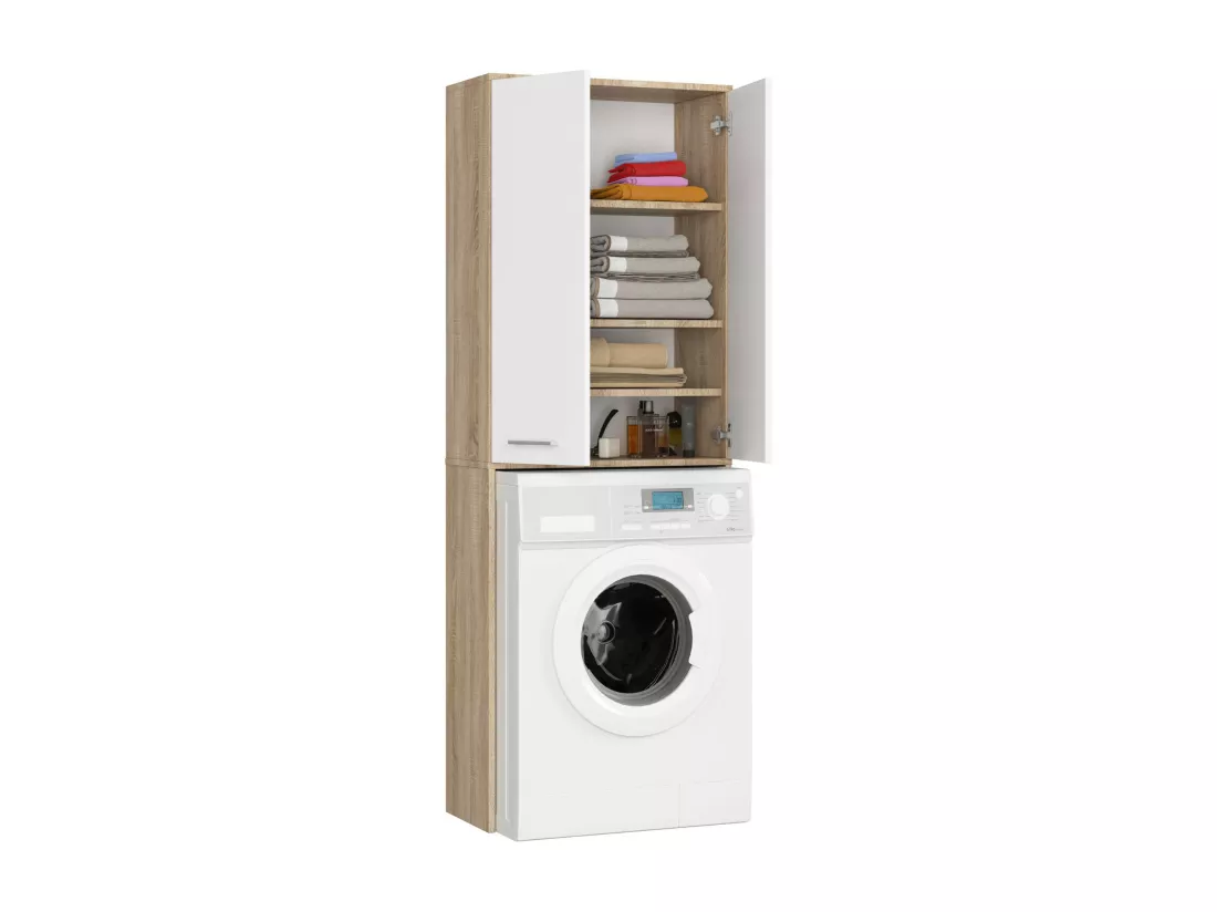 Meuble pour machine à laver FIN Chêne Sonoma 64 cm 2 portes façade Blanche 4 étagères 64x30x180 cm