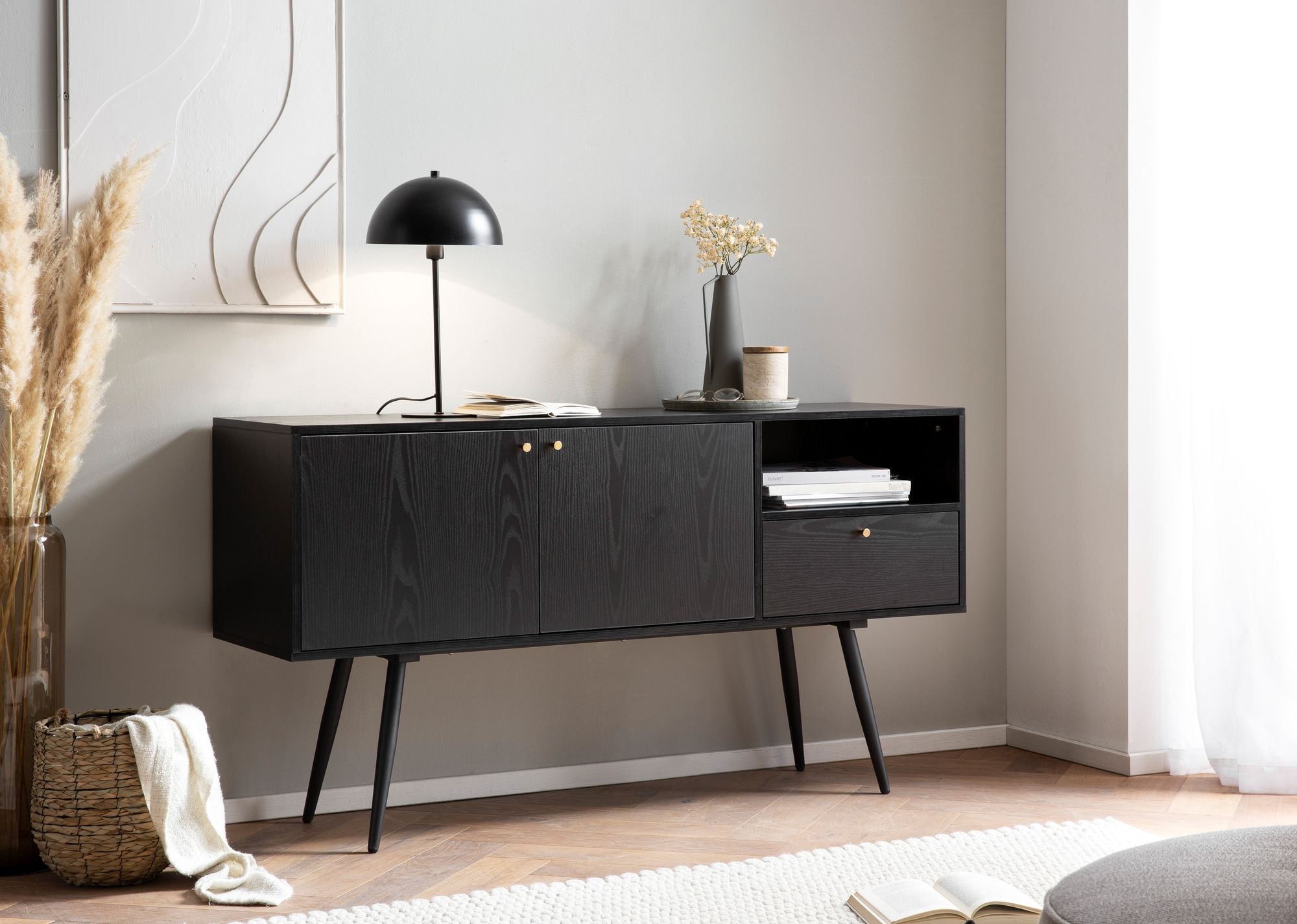 Sideboard FineBuy Anrichte 140 cm Kommodenschrank Schwarz mit Türen Schublade