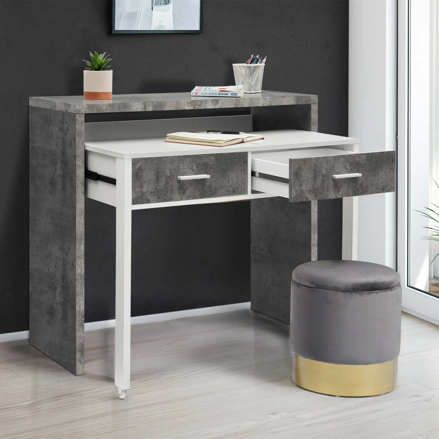 Bureau extensible MAX effet béton et blanc