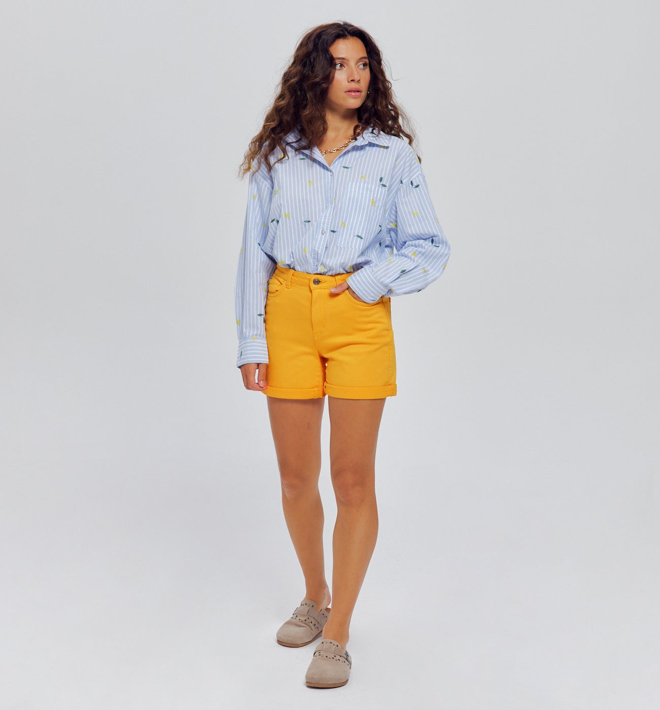 Short en toile unie Femme - Jaune