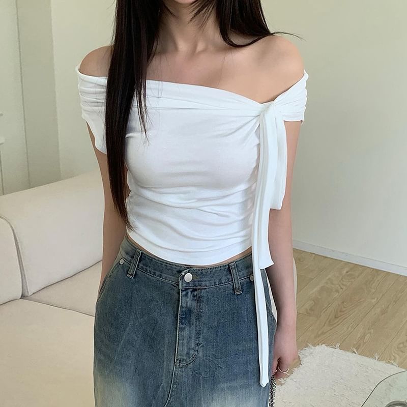 Sosana - Off-shoulder crop top met korte mouwen / lange mouwen en knoopsluiting, slim-fit