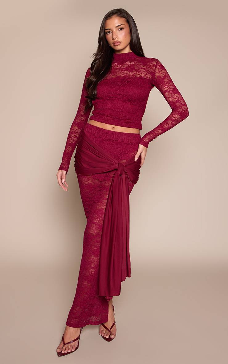 Rouge Vin Jupe Longue Drapée En Dentelle Slinky