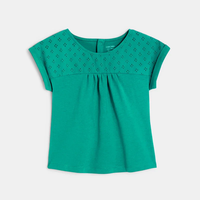 T-shirt bi-matière broderie anglaise vert bébé fille Vert