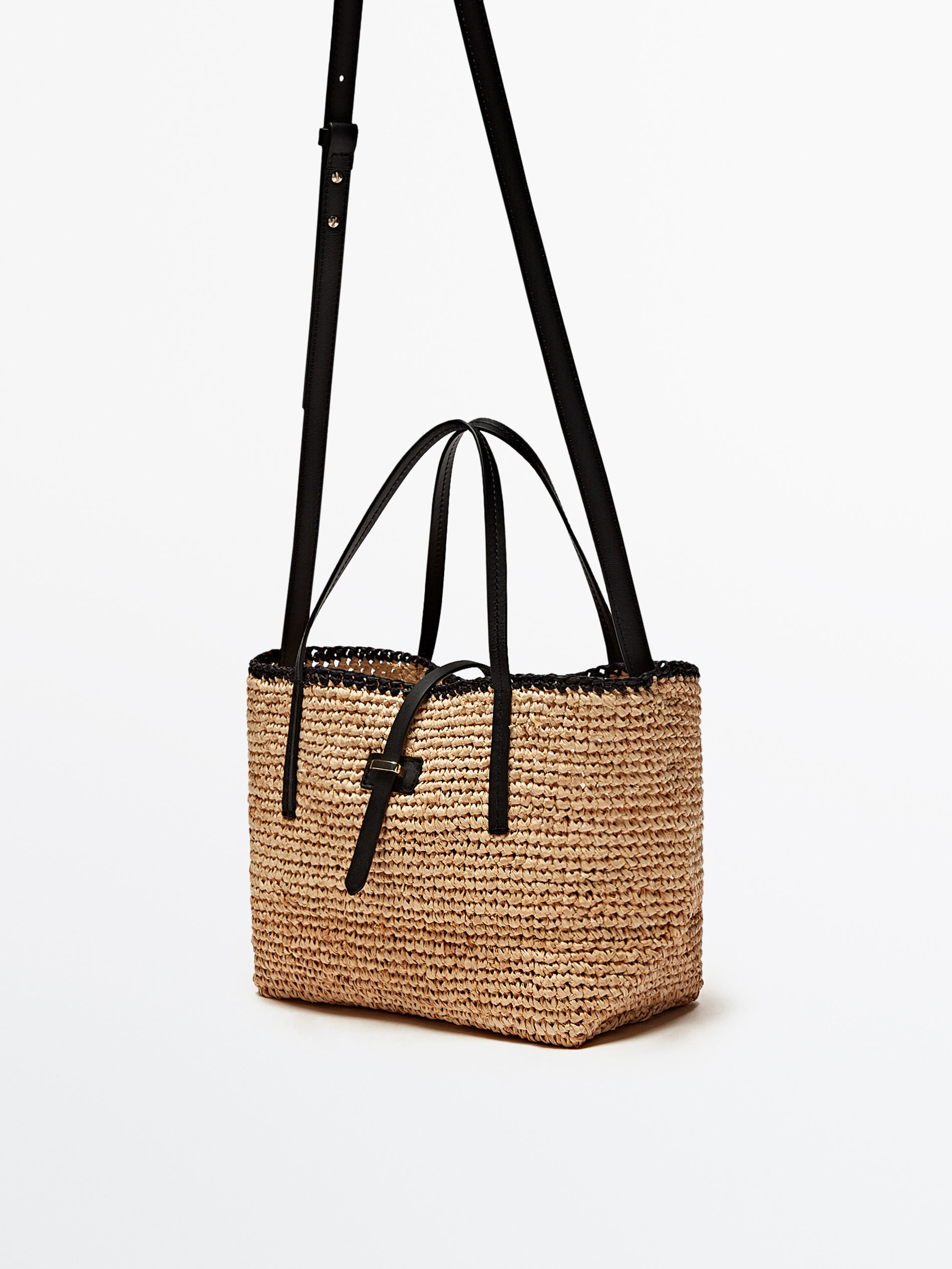 Mini sacola de compras, ráfia, alças de couro - BEGE