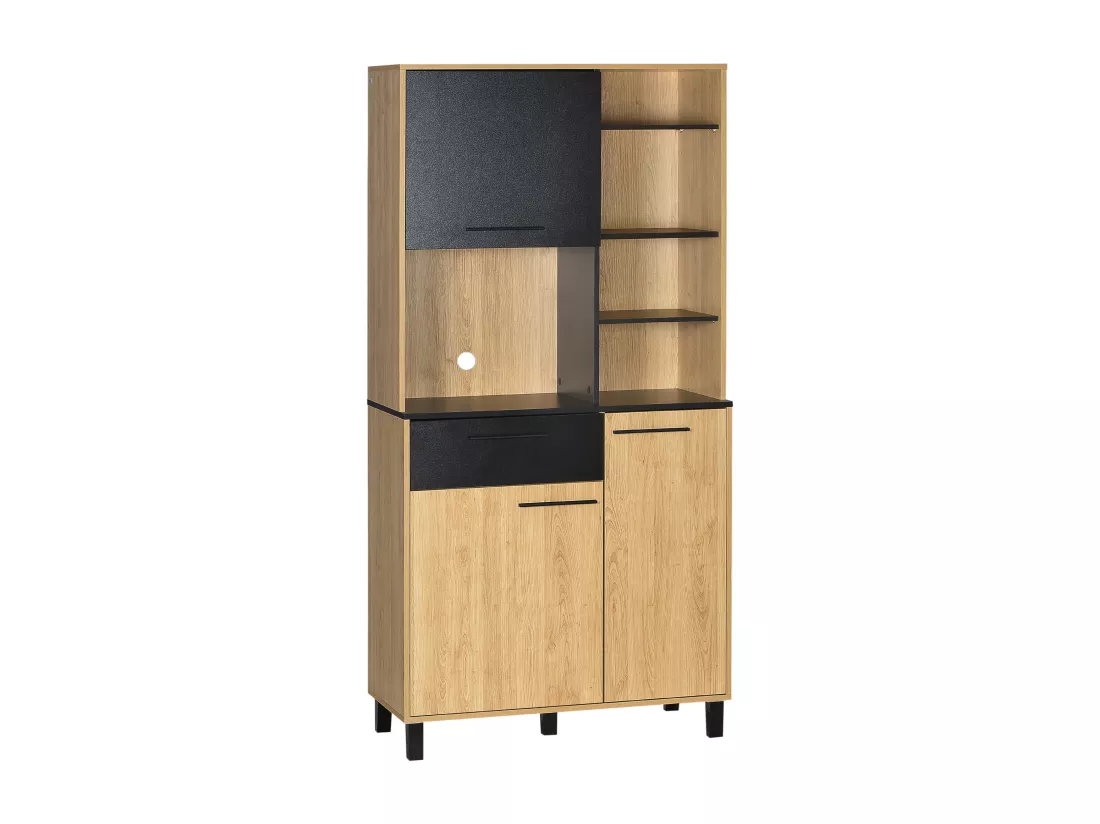 Buffet haut multi-rangement 3 portes tiroir 5 niches bicolore aspect bois clair noir