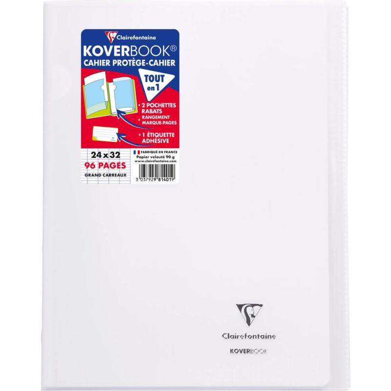 Cahier piqué Koverbook 24x32cm 96 pages grands carreaux couverture polypropylène transparent - Assortis