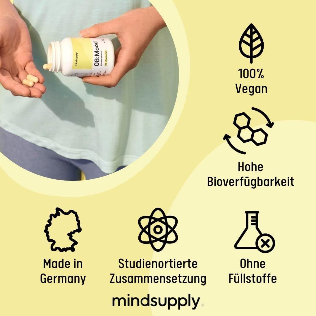 mindsupply MOOD - Anti-Stress Kapseln mit L-Tryptophan, Coenzym Q10, Vitamin D und Rosenwurz
