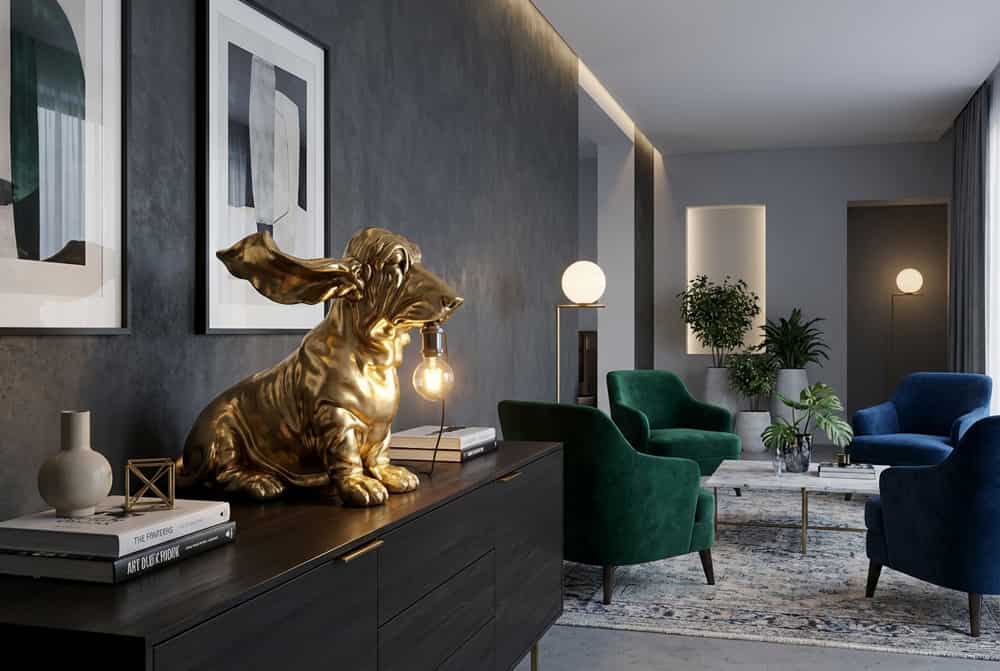 Handgefertigte Tischlampe DACKEL 70cm gold Hunde-Skulptur