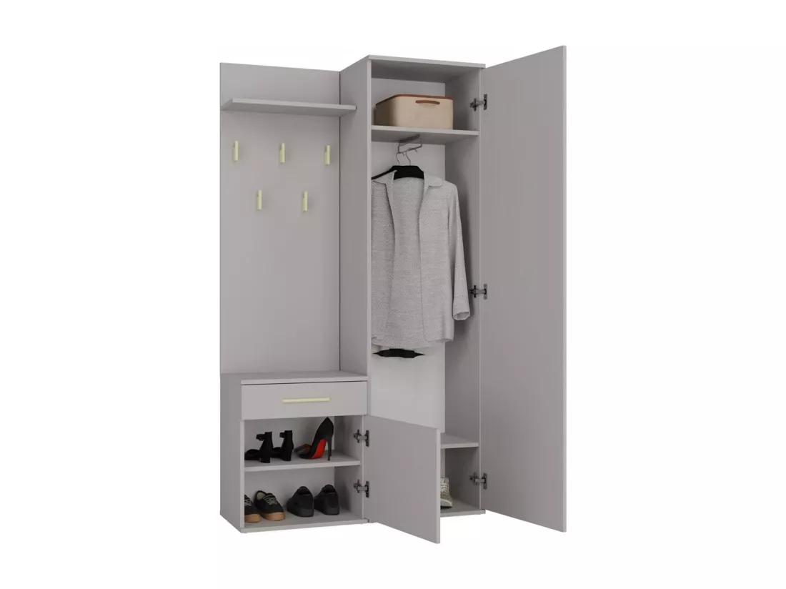 SHEILA - Vestiaire d'entrée avec miroir - Armoire + porte-manteau - Rangements chaussures - Gris