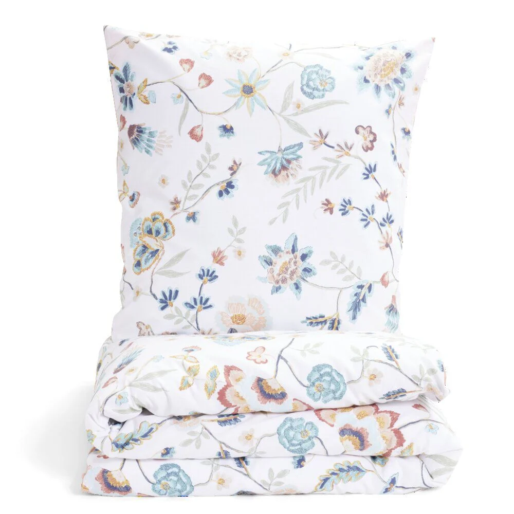 Parure de lit 1 place finition boutons coton imprimé fleuri beige