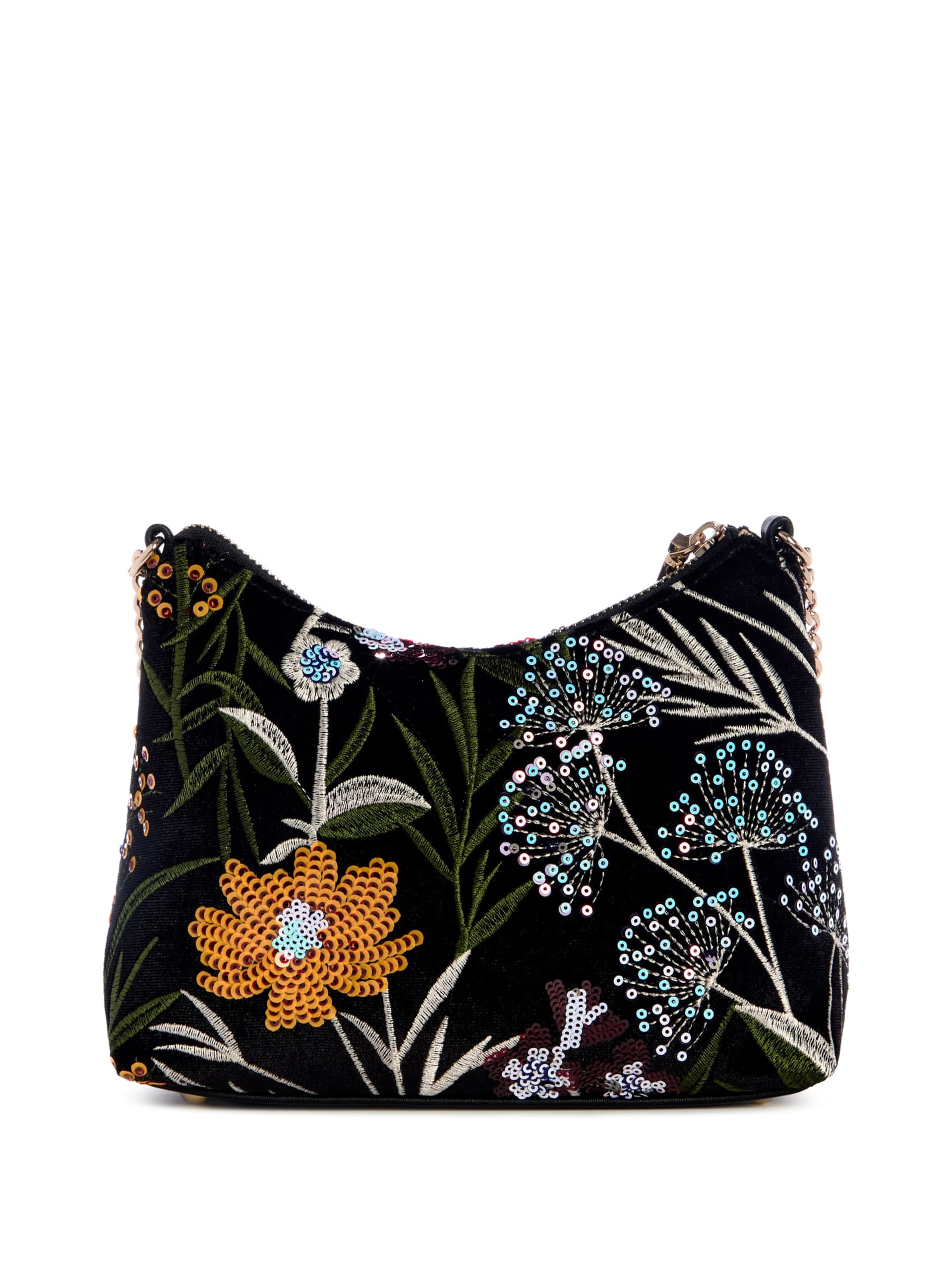 Bolsa de ombro Zalina em veludo com lantejoulas e estampa floral