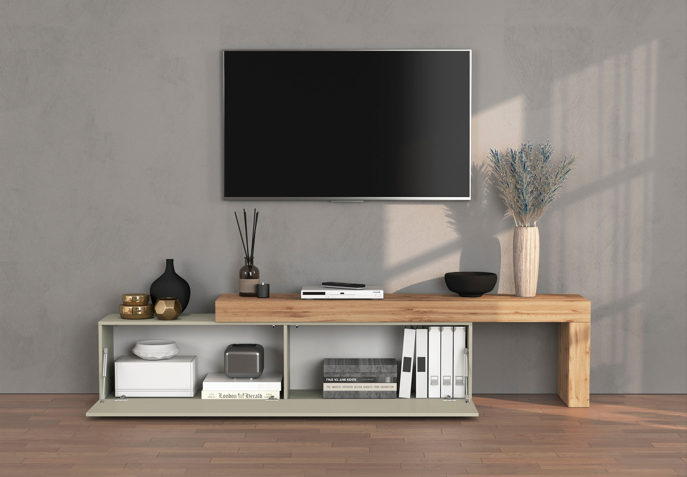 INOSIGN Lowboard »Chronos TV-Board, TV-Schrank« Breite verstellbar von 190 bis 350 cm, 1 Stk. tlg. Breite 270 cm TV-Board,Lowboard,1 Klappe und ein L-Förmiger Aufsatz
