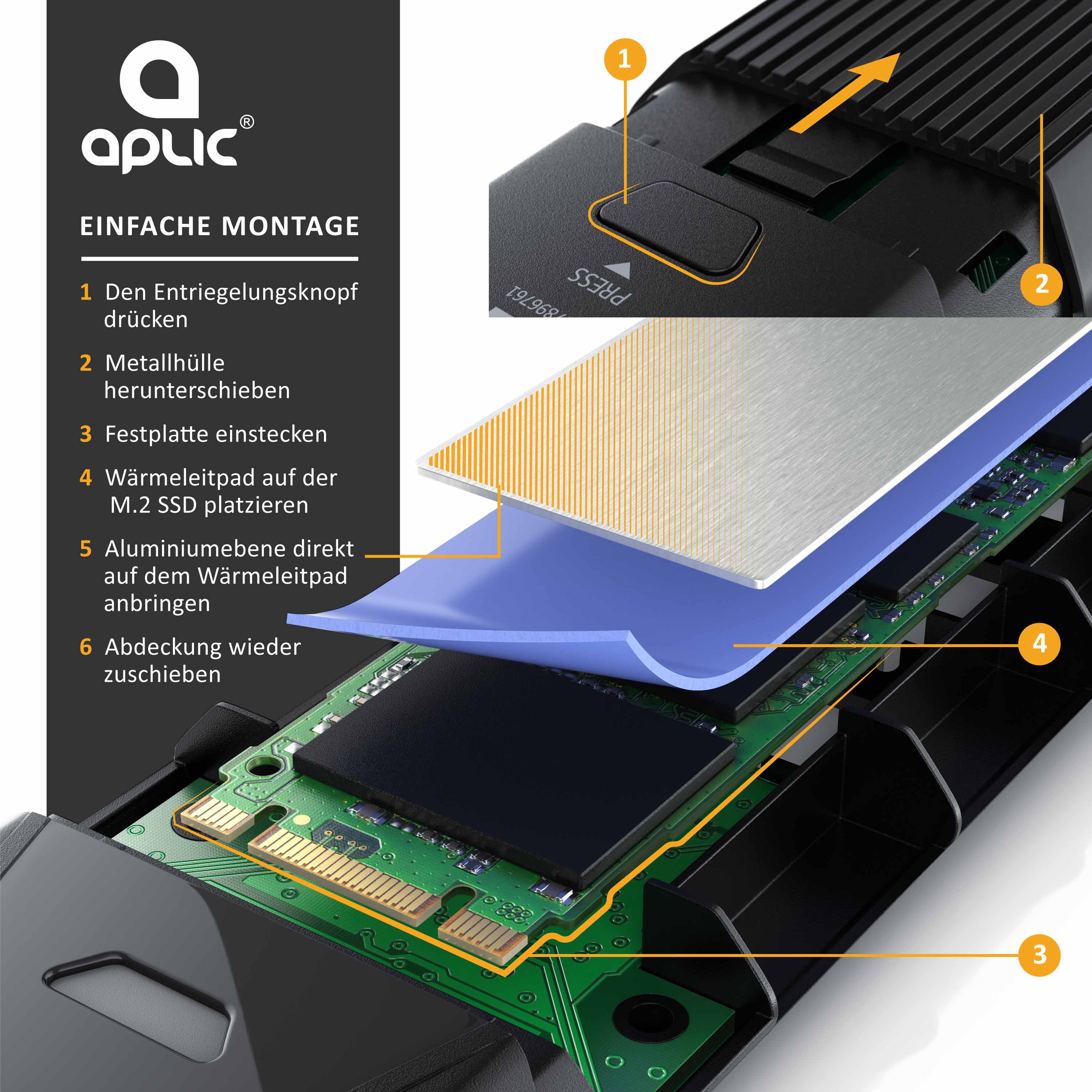 Aplic M.2 NVMe Gehäuse USB 3.2 Gen 2 auf PCIe 3.0 und SATA kompatibel mit 2230, 2242, 2260, 2280
