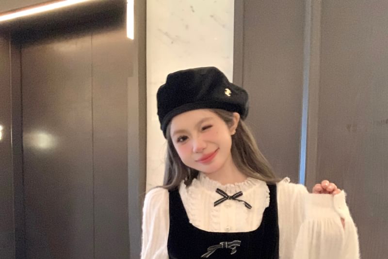 ANORA - Mini A-lijn jurk met vierkante hals en strik van fluweel / Blouse met lange mouwen en volantrand